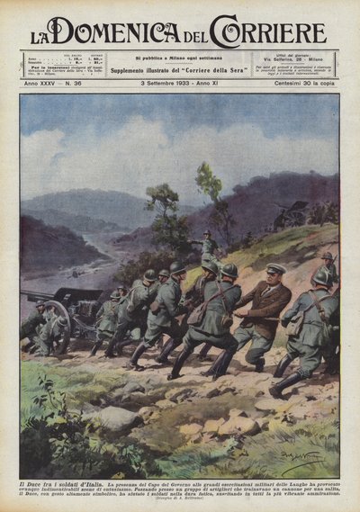 De Duce tussen de soldaten van Italië door Achille Beltrame