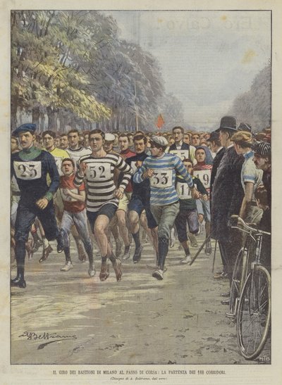 De rondgang van de vestingwerken van Milaan in looppas, het vertrek van de 160 hardlopers door Achille Beltrame