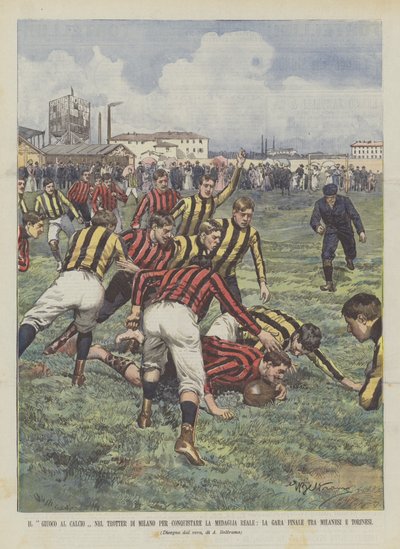 Het Voetbalspel In De Trotter Van Milaan Voor Het Winnen Van De Koninklijke Medaille, De Finale Wedstrijd Tussen Milanezen En Turijners door Achille Beltrame
