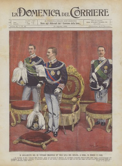 De Eedaflegging van Koning Victor Emanuel III in de Senaatszaal, in Rome, op de 11e Corr door Achille Beltrame