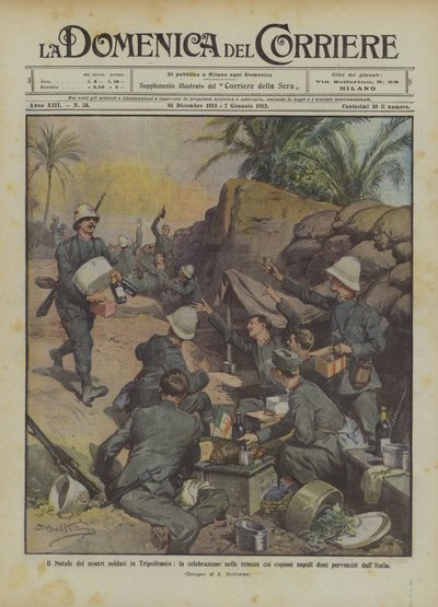 De kerst van onze soldaten in Tripolitanië, de viering in de loopgraven met overvloedige smakelijke gerechten door Achille Beltrame