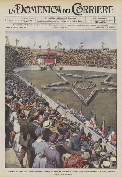 De Kerst van Rome in het nationale stadion, voor de koninklijke loge, de schoolkinderen door Achille Beltrame
