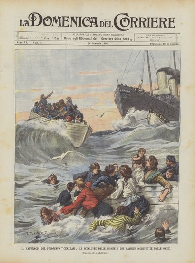 Het schipbreuk van de stoomboot Ckallam, de reddingsboten van vrouwen en kinderen opgeslokt door de golven door Achille Beltrame