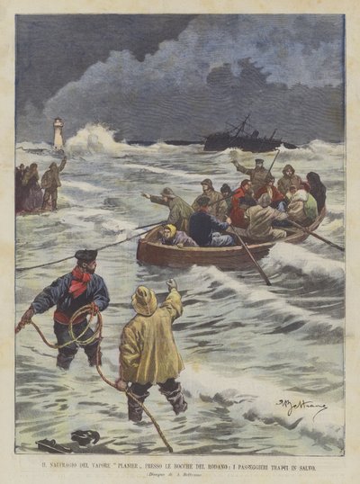 De schipbreuk van de stoomboot Planier bij de monding van de Rhône, de passagiers gered door Achille Beltrame