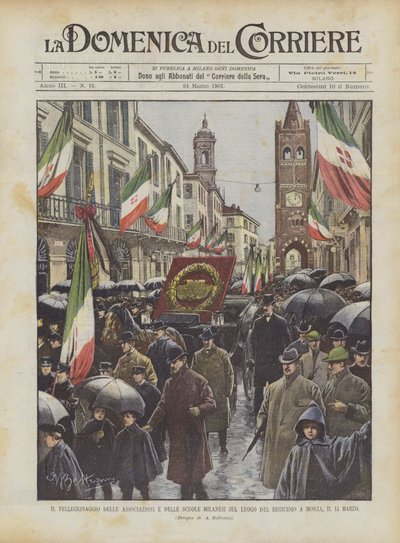 De pelgrimstocht van de Milanese verenigingen en scholen naar de plaats van de moord in Monza, op 14 maart door Achille Beltrame