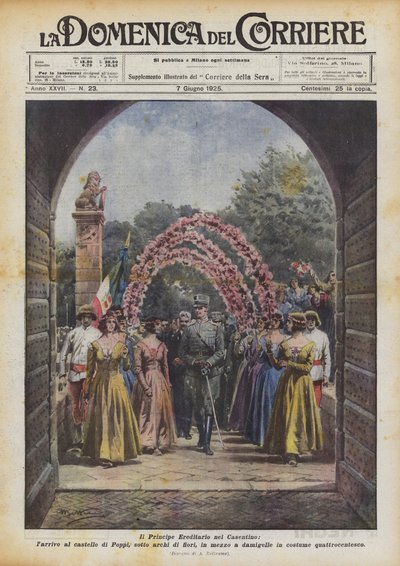 De Kroonprins in Casentino, de aankomst bij het kasteel van Poppi onder bloemenbogen door Achille Beltrame
