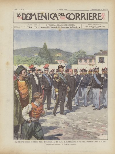 Prins George van Griekenland inspecteert in La Canea het infanteriebataljon dat net in Italië is teruggekeerd door Achille Beltrame