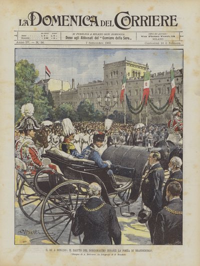 De koning in Berlijn, de begroeting van de burgemeester voor de Brandenburger Tor door Achille Beltrame