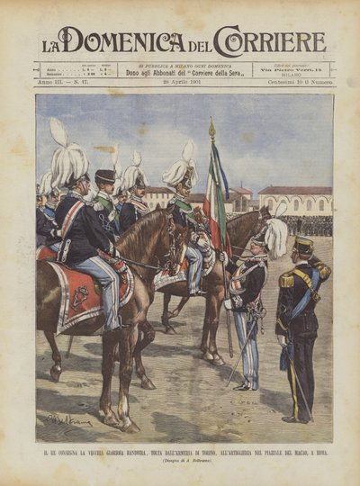 De koning overhandigt de oude glorieuze vlag, genomen uit het arsenaal van Turijn, aan de artillerie door Achille Beltrame