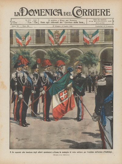 De koning hangt de medaille voor militaire moed aan de vlag van de carabinieri-kadetten in Rome door Achille Beltrame