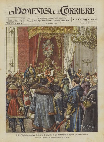 De koning van Hongarije houdt de slotrede van dat parlement na de laatste schandalen door Achille Beltrame