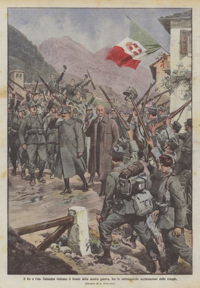 De koning en premier Salandra bezoeken het front van onze oorlog, te midden van de enthousiaste toejuichingen van de troepen door Achille Beltrame