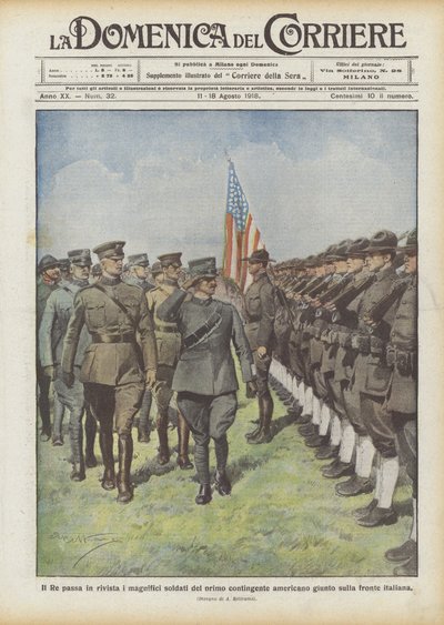 De koning inspecteert de prachtige soldaten van het eerste Amerikaanse contingent dat aan het Italiaanse front is aangekomen door Achille Beltrame