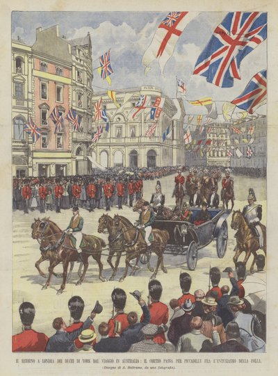 De terugkeer naar Londen van de hertogen van York van hun reis naar Australië, de stoet passeert door Piccadilly door Achille Beltrame