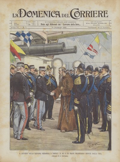 De terugkeer van het oceaansquadron naar Napels, de koning en een missionarisbroeder teruggekeerd uit China door Achille Beltrame