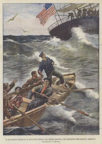 De redding uitgevoerd door een Italiaanse brigantijn in de Atlantische Oceaan, de bemanning van een Amerikaanse schoener door Achille Beltrame