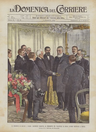 Het verblijf van Kruger in Parijs, Rochefort presenteert aan de President van de Transvaal het Ere-zwaard bestemd voor Cronje door Achille Beltrame