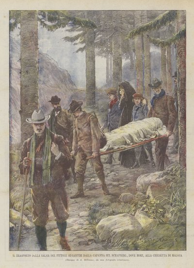 Het transport van het lichaam van schilder Segantini van de hut op de Schafberg, waar hij stierf, naar de kapel van Maloja door Achille Beltrame