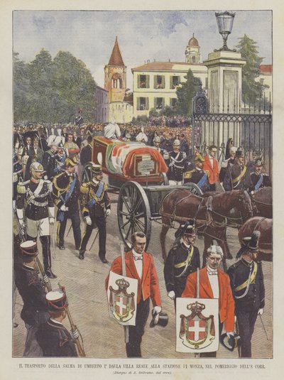 Het Transport van het Lichaam van Umberto I van de Koninklijke Villa naar het Station van Monza, op de Middag van de 8e Corr door Achille Beltrame