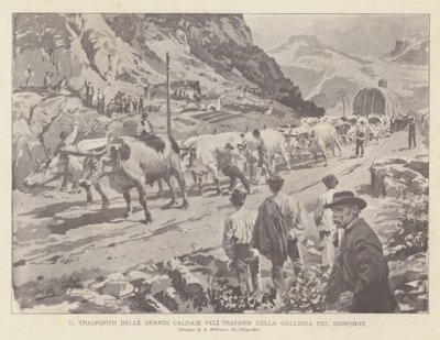 Het transport van de grote ketels door de Simplontunnel door Achille Beltrame