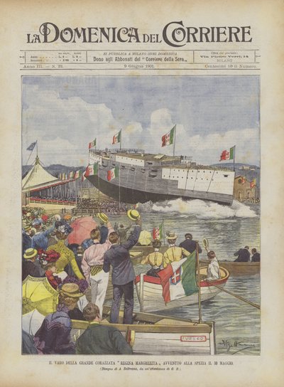 De tewaterlating van het grote slagschip Regina Margherita vond plaats in La Spezia op 30 mei door Achille Beltrame