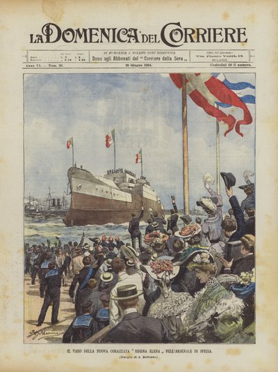 De tewaterlating van het nieuwe slagschip Regina Elena in de werf van Spezia door Achille Beltrame