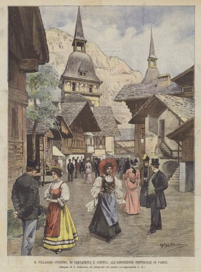 Het Zwitserse Dorp, van Papier-maché en Stro, op de Wereldtentoonstelling van Parijs door Achille Beltrame