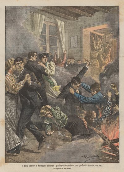 Het tragische bal van Fucecchio (Florence), brandende vloer die instort tijdens een feest door Achille Beltrame
