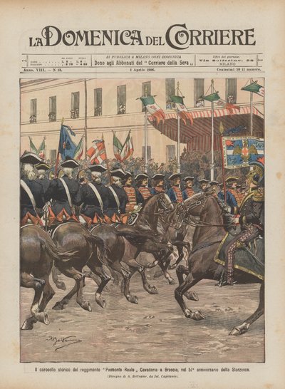 De historische carrousel van het regiment Piemonte Reale Cavalleria in Brescia, op de 57e verjaardag van de Storzesca door Achille Beltrame