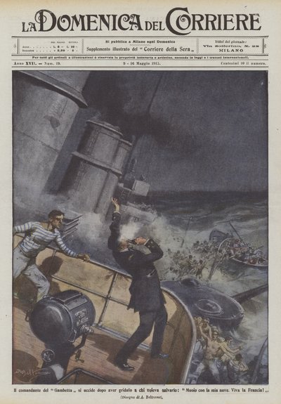 De commandant van de Gambetta pleegt zelfmoord na te hebben geroepen tegen degenen die hem wilden redden, Ik sterf met mijn door Achille Beltrame