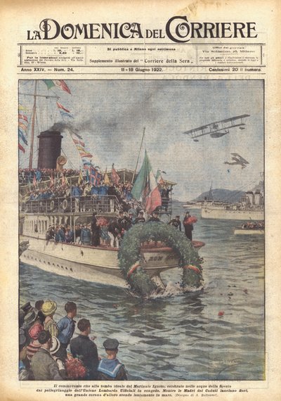 De ontroerende ceremonie bij het ideale graf van de Onbekende Zeeman, gevierd in de wateren van La Spezia door Achille Beltrame