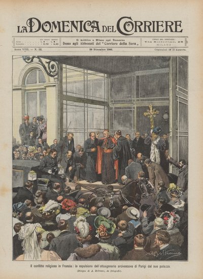 Het religieuze conflict in Frankrijk, de uitzetting van de tachtigjarige aartsbisschop van Parijs uit zijn paleis door Achille Beltrame