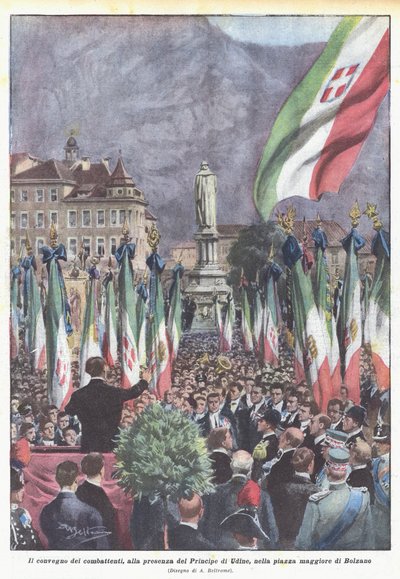 De bijeenkomst van de strijders, in aanwezigheid van de Prins van Udine, op het grote plein van Bolzano door Achille Beltrame