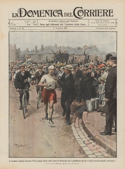De Italiaanse hardloper Dorando Pietri komt als eerste aan in de marathon maar wordt gediskwalificeerd door Achille Beltrame