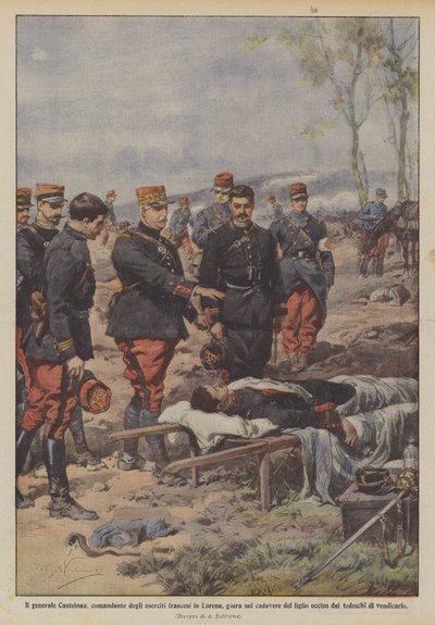 Generaal Castelnau, commandant van de Franse legers in Lotharingen, zweert bij het lijk van zijn zoon door Achille Beltrame