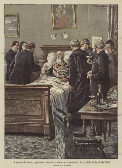 Generaal De Sonnaz, stervende, trekt zijn uniform aan met de decoraties en brengt een toost uit op de koning en het vaderland door Achille Beltrame