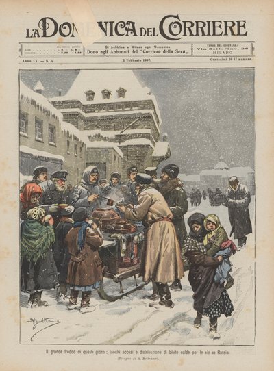 De grote kou van deze dagen, vuren aangestoken en warme dranken uitgedeeld op straat in Rusland door Achille Beltrame