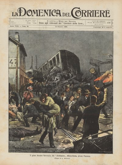Het ernstige treinongeluk van de rechtstreekse trein Milaan-Rome, nabij Piacenza door Achille Beltrame