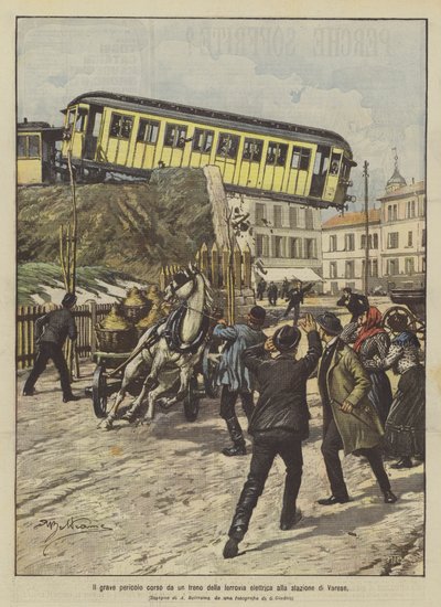 Het ernstige gevaar dat een elektrische trein liep bij het station van Varese door Achille Beltrame