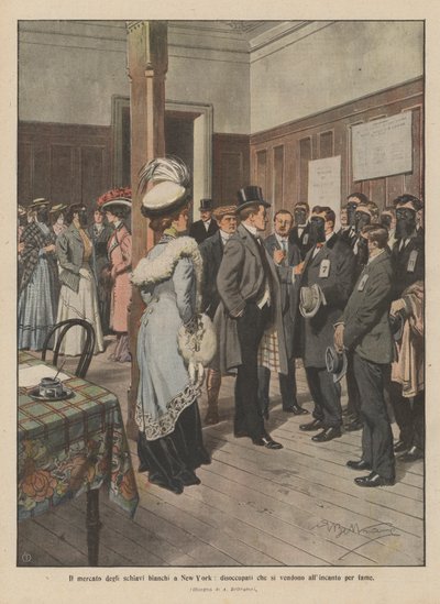 De markt van de blanke slaven in New York, werklozen die zichzelf veilen uit honger (kleur litho) door Achille Beltrame