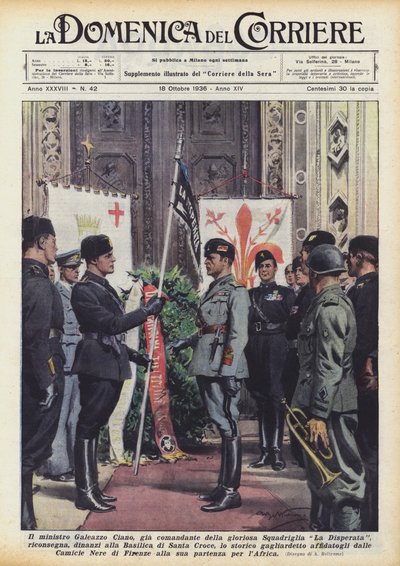 Minister Galeazzo Ciano, voormalig commandant van het glorieuze squadron La Disperata, geeft terug door Achille Beltrame