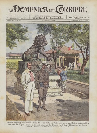 Minister Salvago-Raggi in de Italiaanse nederzetting van de Verboden Stad, in Peking, nabij een van de... door Achille Beltrame