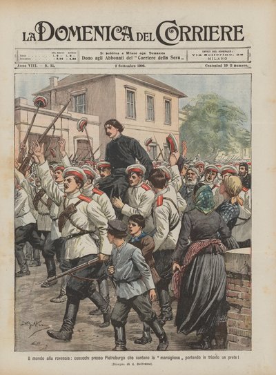 De wereld op zijn kop, Kozakken bij Sint-Petersburg die de Marseillaise zingen terwijl ze een priester triomfantelijk dragen! door Achille Beltrame