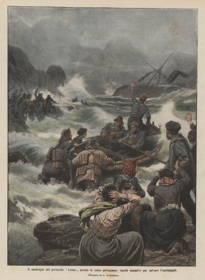 Het schipbreuk van het stoomschip Luisa bij de Portugese kust, vergeefse pogingen om de bemanning te redden door Achille Beltrame