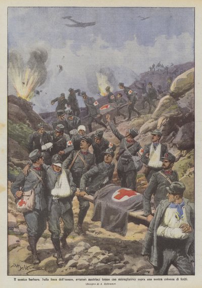 De barbaarse vijand, aan de Isonzo-linie, Oostenrijkse piloten schieten met machinegeweren op een door Achille Beltrame