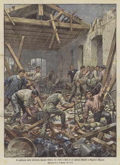 De stortbui van vorige week, zoektocht naar doden en gewonden in een ingestorte fabriek in Musocco (Milaan) door Achille Beltrame