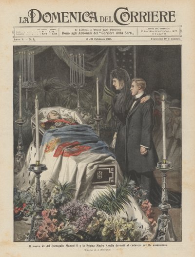 De nieuwe koning van Portugal Manuel II en koningin-moeder Amelia voor het lichaam van de vermoorde koning door Achille Beltrame