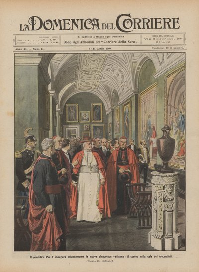 Paus Pius X opent plechtig de nieuwe Vaticaanse kunstgalerij, de processie in de zaal van de driehonderd door Achille Beltrame
