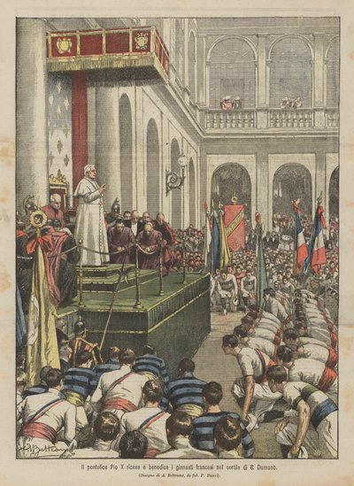 Paus Pius X ontvangt en zegent de Franse gymnasten in de binnenplaats van Sint-Damasus door Achille Beltrame