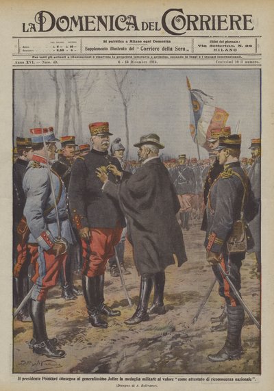 President Poincare overhandigt generaal Joffre de militaire medaille voor moed door Achille Beltrame